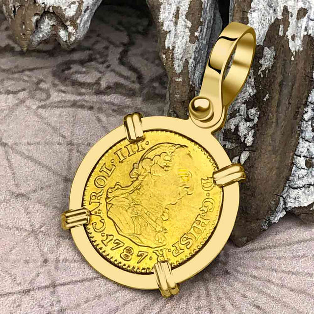 1787 Spanish 22K Gold Portrait Half Escudo - the Legendary Pirate Era Doubloon - 18K Gold Pendant