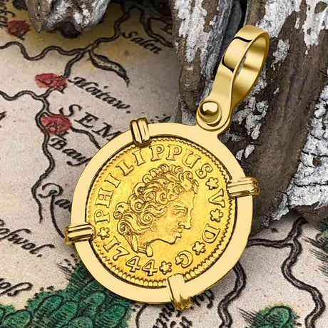 1744 Spanish Gold Portrait Half Escudo - the Legendary Pirate Era Doubloon - 18K Gold Pendant