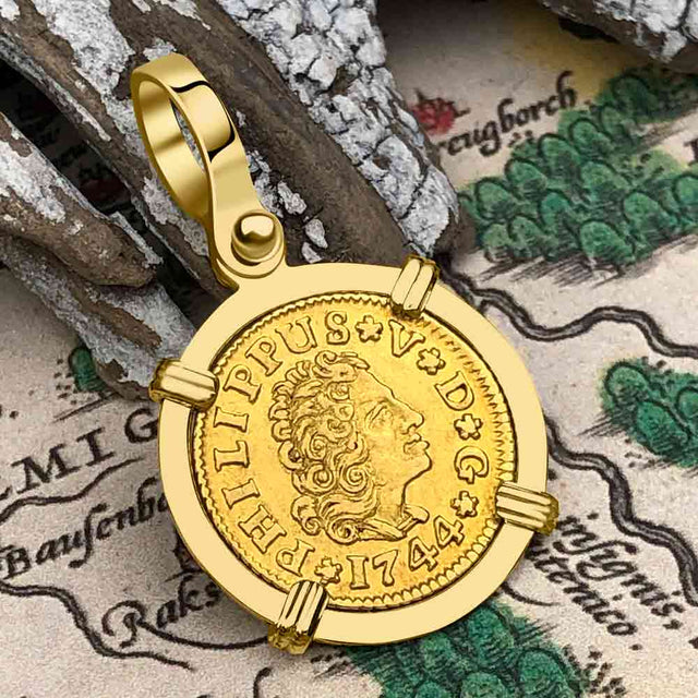 1744 Spanish Gold Portrait Half Escudo - the Legendary Pirate Era Doubloon - 18K Gold Pendant