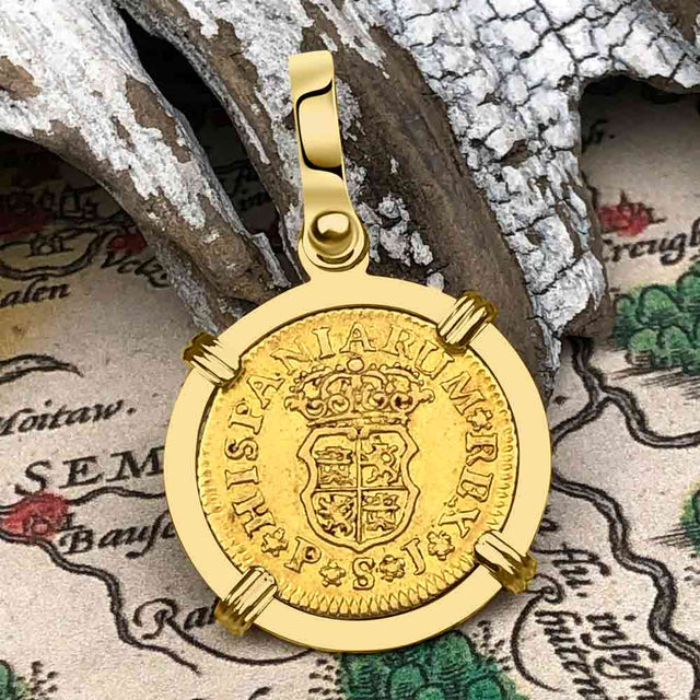 1744 Spanish Gold Portrait Half Escudo - the Legendary Pirate Era Doubloon - 18K Gold Pendant