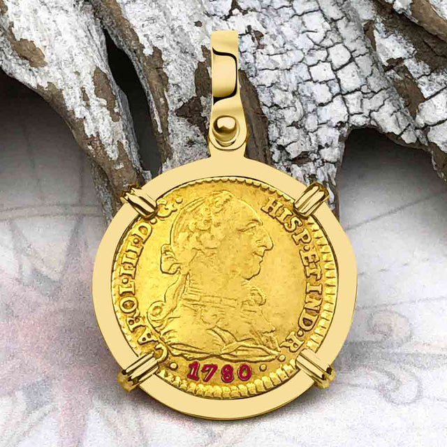 1780 Spanish Gold Portrait One Escudo - the Legendary Pirate Era Doubloon - 18K Gold Pendant