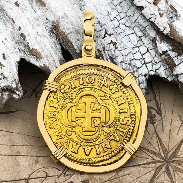 Extremely Rare Pirate Era Dated 1704 22K Gold 2 Escudo the Legendary Doubloon 18K Gold Pendant 