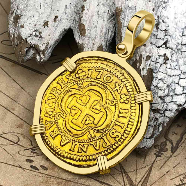 Extremely Rare Pirate Era Dated 1704 22K Gold 2 Escudo the Legendary Doubloon 18K Gold Pendant 