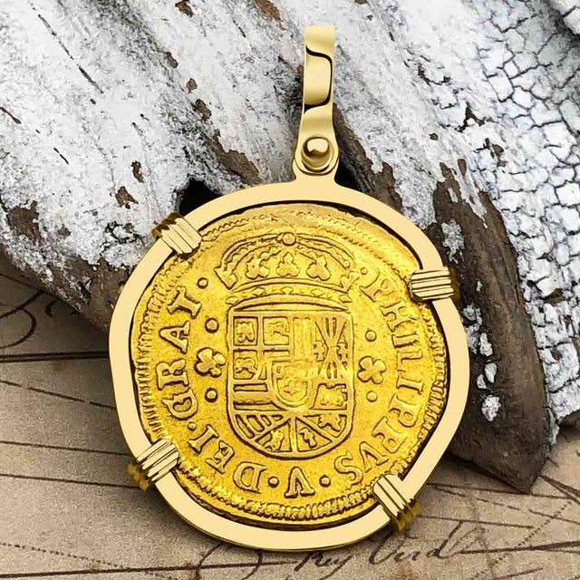 Extremely Rare Pirate Era Dated 1704 22K Gold 2 Escudo the Legendary Doubloon 18K Gold Pendant 