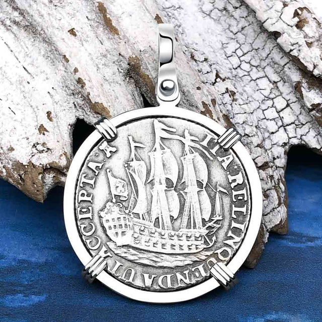 Dutch East India Company 1766 Silver 6 Stuiver Ship Shilling "I Struggle and Survive" 14K White Gold