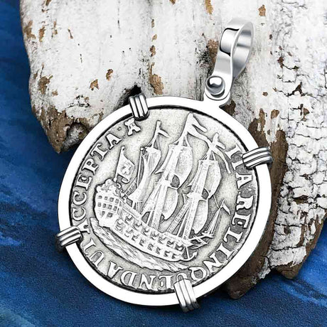 Dutch East India Company 1766 Silver 6 Stuiver Ship Shilling "I Struggle and Survive" 14K White Gold