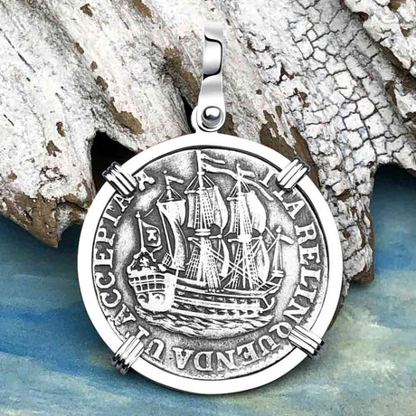 Dutch East India Company 1766 Silver 6 Stuiver Ship Shilling "I Struggle and Survive" 14K White Gold