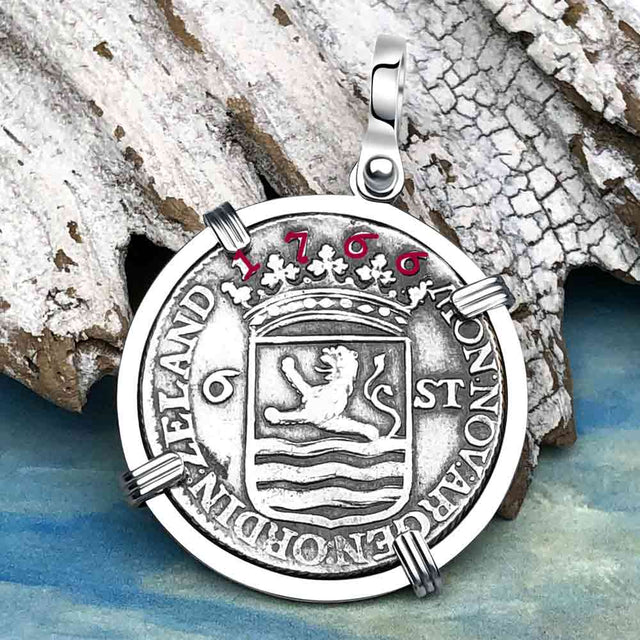 Dutch East India Company 1766 Silver 6 Stuiver Ship Shilling "I Struggle and Survive" 14K White Gold