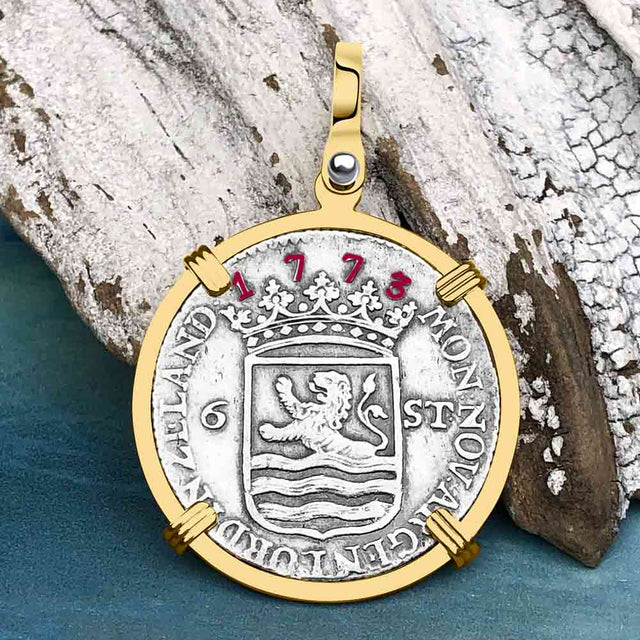 Dutch East India Company 1773 Silver 6 Stuiver Ship Shilling "I Struggle and Survive" 14K Gold