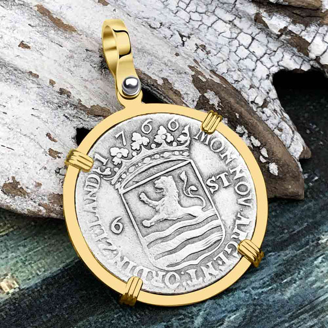 Dutch East India Company 1766 Silver 6 Stuiver Ship Shilling "I Struggle and Survive" 14K Gold Pendant | Artifact #5747