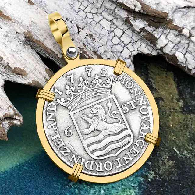 Dutch East India Company 1772 Silver 6 Stuiver Ship Shilling "I Struggle and Survive" 14K Gold