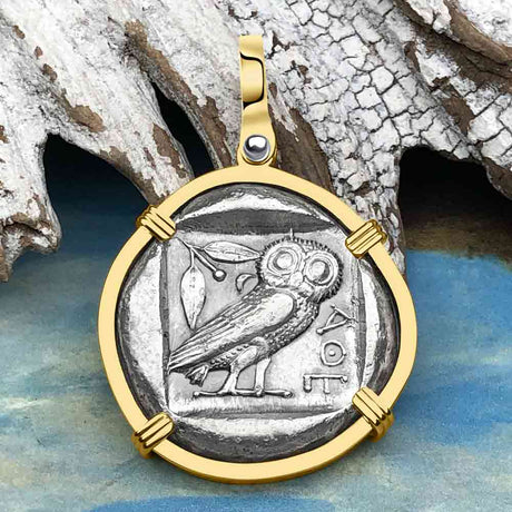 Ancient Greek Athena and the Owl Silver Tetradrachm circa 450 BC 14K Gold Pendant