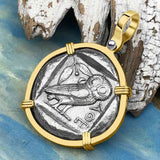 Ancient Greek Athena and the Owl Silver Tetradrachm circa 450 BC 14K Gold Pendant