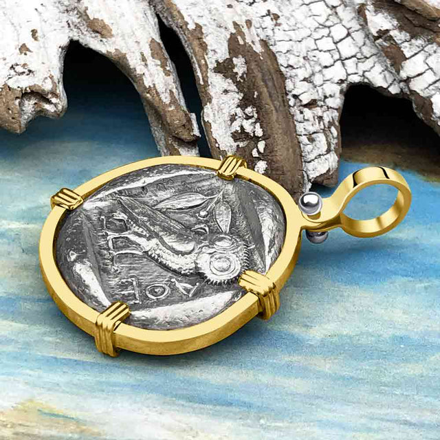 Ancient Greek Athena and the Owl Silver Tetradrachm circa 450 BC 14K Gold Pendant