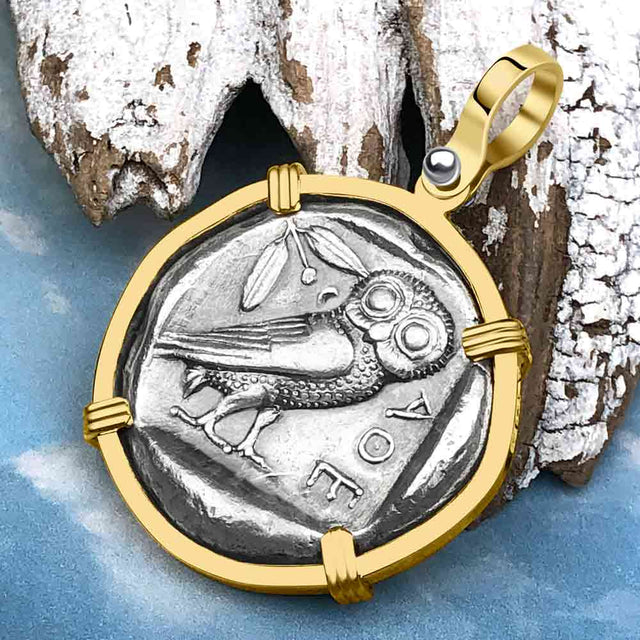 Ancient Greek Athena and the Owl Silver Tetradrachm circa 450 BC 14K Gold Pendant