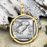 Ancient Greek Athena and the Owl Silver Tetradrachm circa 450 BC 14K Gold Pendant