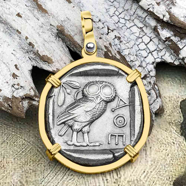 Ancient Greek Athena and the Owl Silver Tetradrachm circa 450 BC 14K Gold Pendant