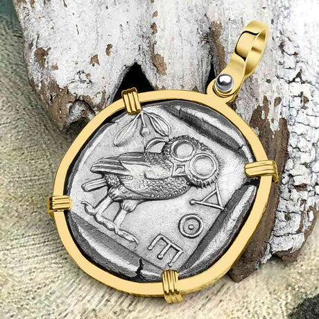 Ancient Greek Athena and the Owl Silver Tetradrachm circa 450 BC 14K Gold Pendant
