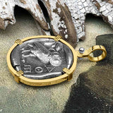 Ancient Greek Athena and the Owl Silver Tetradrachm circa 450 BC 14K Gold Pendant