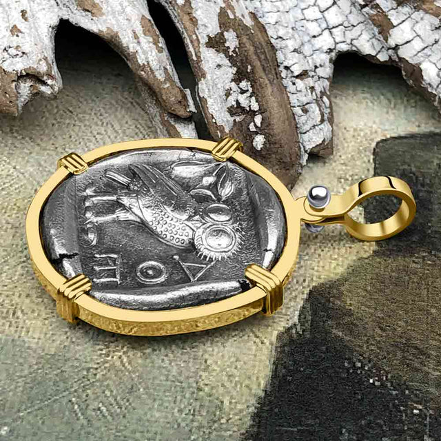 Ancient Greek Athena and the Owl Silver Tetradrachm circa 450 BC 14K Gold Pendant