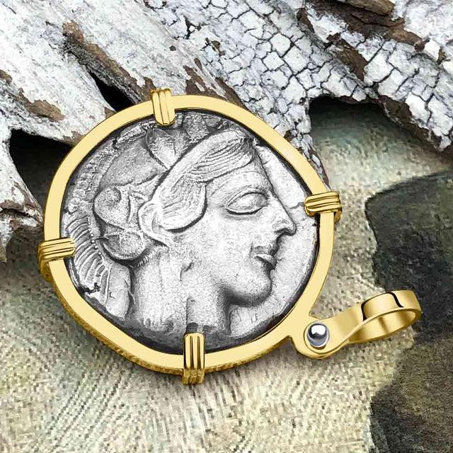 Ancient Greek Athena and the Owl Silver Tetradrachm circa 450 BC 14K Gold Pendant