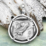 Ancient Greek Athena and the Owl Silver Tetradrachm circa 450 BC 14K White Gold Pendant