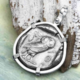 Ancient Greek Athena and the Owl Silver Tetradrachm circa 450 BC 14K White Gold Pendant