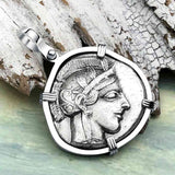 Ancient Greek Athena and the Owl Silver Tetradrachm circa 450 BC 14K White Gold Pendant