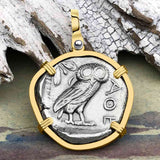 Ancient Greek Athena and the Owl Silver Tetradrachm circa 450 BC RARE Zero-Die 14K Gold Pendant