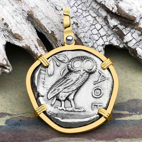 Ancient Greek Athena and the Owl Silver Tetradrachm circa 450 BC RARE Zero-Die 14K Gold Pendant