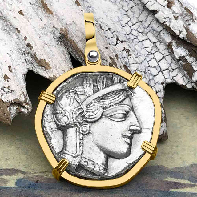 Ancient Greek Athena and the Owl Silver Tetradrachm circa 450 BC RARE Zero-Die 14K Gold Pendant