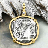 Ancient Greek Athena and the Owl Silver Tetradrachm circa 450 BC 14K Gold Pendant