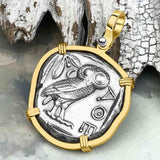 Ancient Greek Athena and the Owl Silver Tetradrachm circa 450 BC 14K Gold Pendant