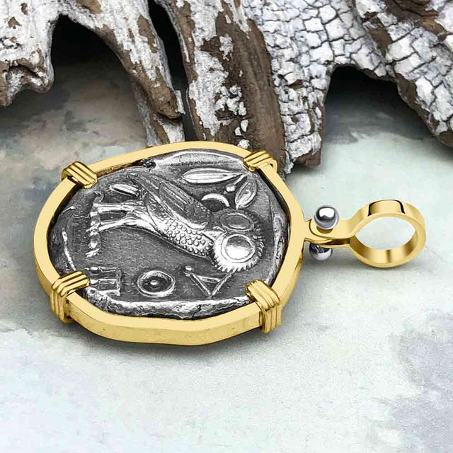 Ancient Greek Athena and the Owl Silver Tetradrachm circa 450 BC 14K Gold Pendant