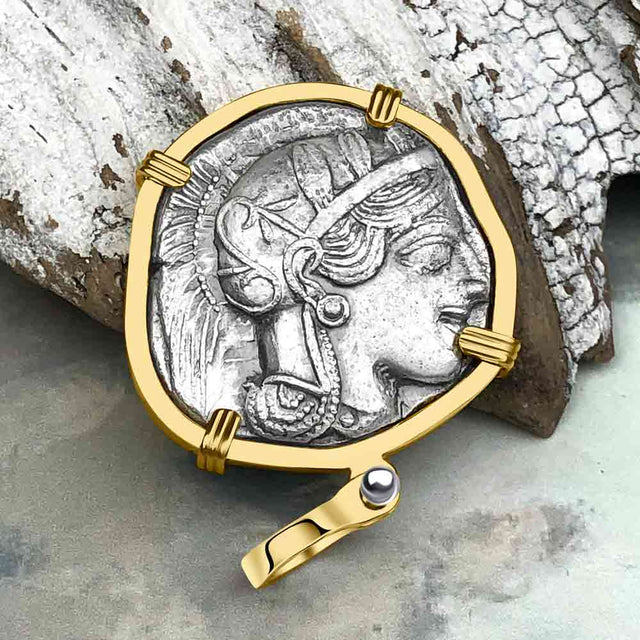 Ancient Greek Athena and the Owl Silver Tetradrachm circa 450 BC 14K Gold Pendant