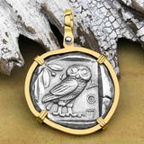 Ancient Greek Athena and the Owl Silver Tetradrachm circa 450 BC 14K Gold Pendant