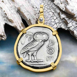Ancient Greek Athena and the Owl Silver Tetradrachm circa 450 BC RARE Zero-Die 14K Gold Pendant