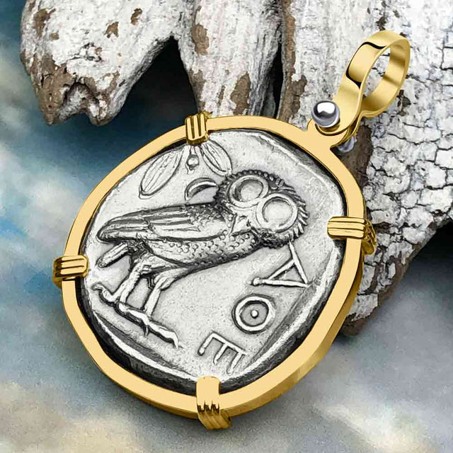 Ancient Greek Athena and the Owl Silver Tetradrachm circa 450 BC RARE Zero-Die 14K Gold Pendant