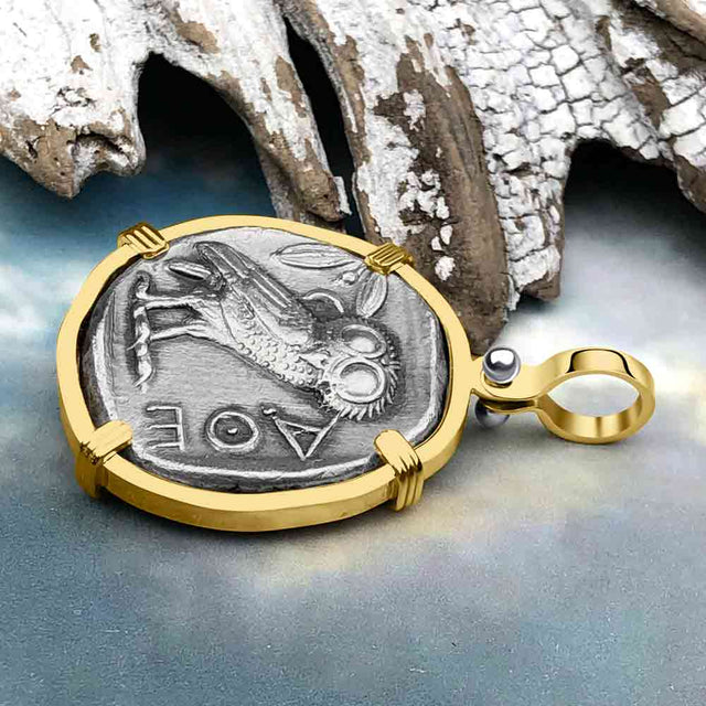 Ancient Greek Athena and the Owl Silver Tetradrachm circa 450 BC RARE Zero-Die 14K Gold Pendant