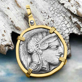 Ancient Greek Athena and the Owl Silver Tetradrachm circa 450 BC RARE Zero-Die 14K Gold Pendant
