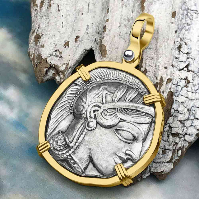 Ancient Greek Athena and the Owl Silver Tetradrachm circa 450 BC RARE Zero-Die 14K Gold Pendant