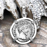 Roman Empire Silver Denarius Coin of Marcus Aurelius, the Philosopher Warrior 161 AD 14K White Gold Pendant