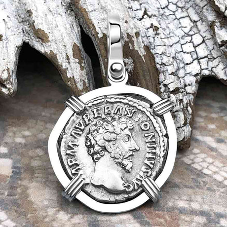 Roman Empire Silver Denarius Coin of Marcus Aurelius, the Philosopher Warrior 161 AD 14K White Gold Pendant