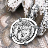Roman Empire Silver Denarius Coin of Marcus Aurelius, the Philosopher Warrior 161 AD 14K White Gold Pendant