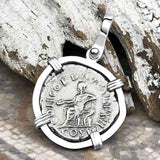 Roman Empire Silver Denarius Coin of Marcus Aurelius, the Philosopher Warrior 161 AD 14K White Gold Pendant