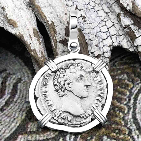 Roman Empire Silver Denarius Coin of Marcus Aurelius, the Philosopher Warrior 153 AD 14K White Gold Pendant