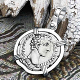Roman Empire Silver Denarius Coin of Marcus Aurelius, the Philosopher Warrior 153 AD 14K White Gold Pendant