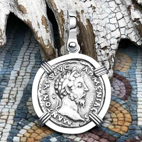 Roman Empire Silver Denarius Coin of Marcus Aurelius, the Philosopher Warrior 165 AD 14K White Gold Pendant