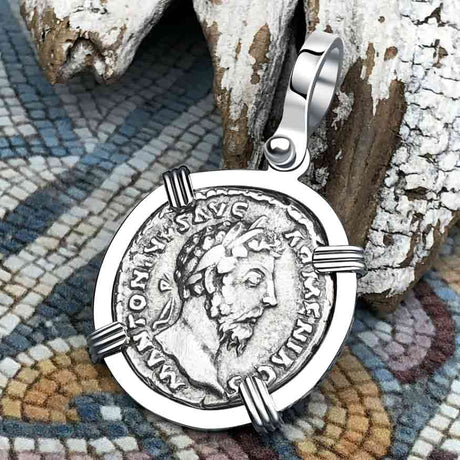Roman Empire Silver Denarius Coin of Marcus Aurelius, the Philosopher Warrior 165 AD 14K White Gold Pendant