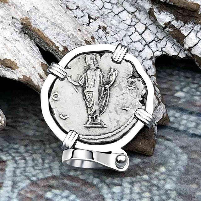 Roman Empire Silver Denarius Coin of Marcus Aurelius, the Philosopher Warrior 145 AD 14K White Gold Pendant 